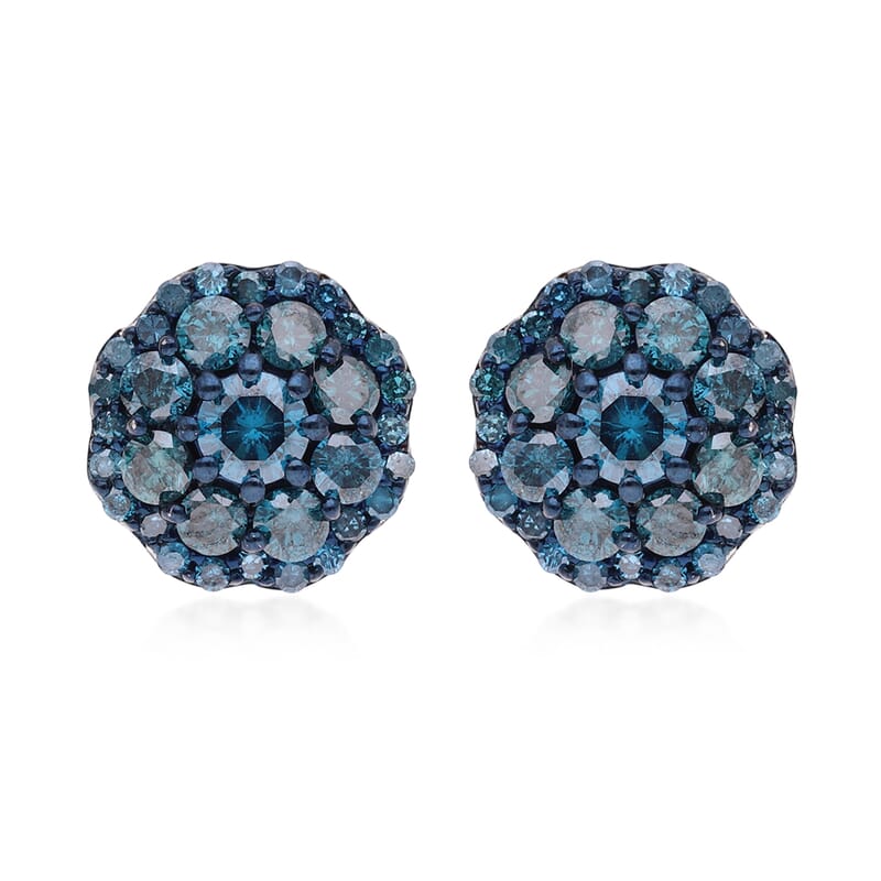 Blue Diamond Floral Stud Earrings in Platinum Over Sterling Silver 1.00 ctw