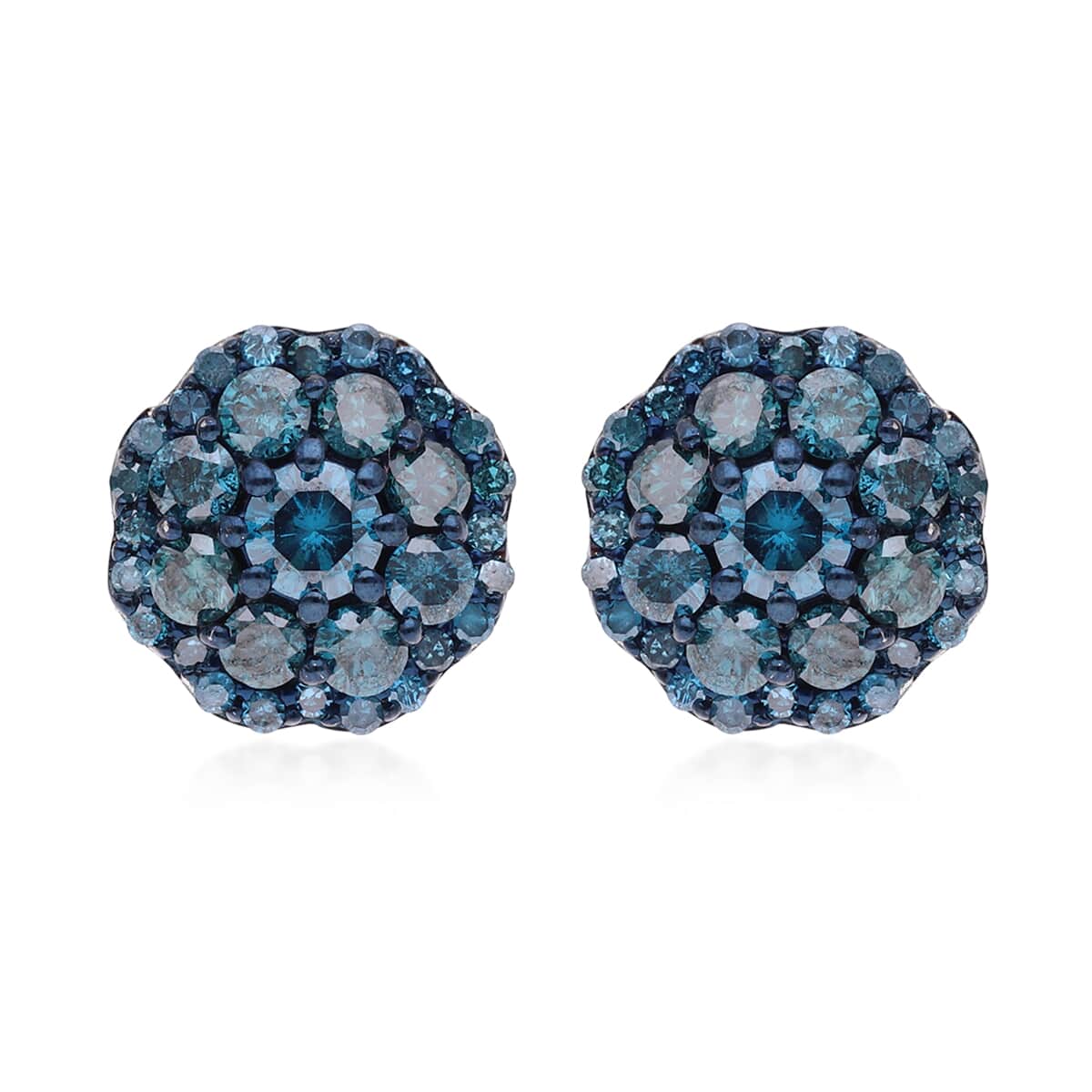 Blue Diamond Floral Stud Earrings in Platinum Over Sterling Silver 1.00 ctw image number 0