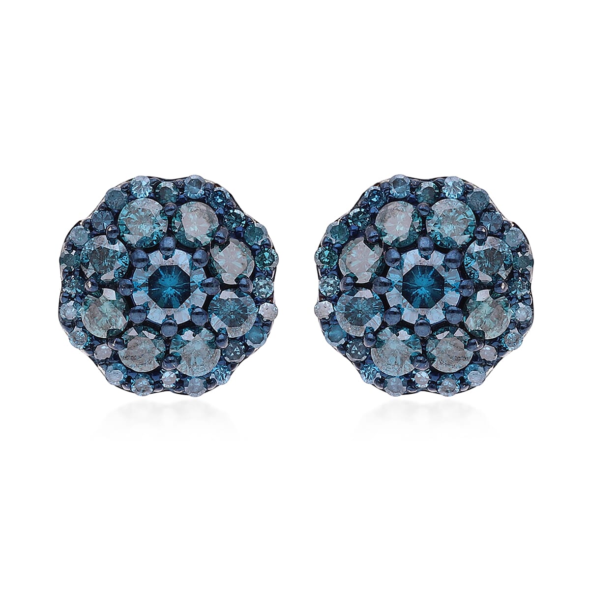 Blue Diamond Floral Stud Earrings in Platinum Over Sterling Silver 1.00 ctw image number 0