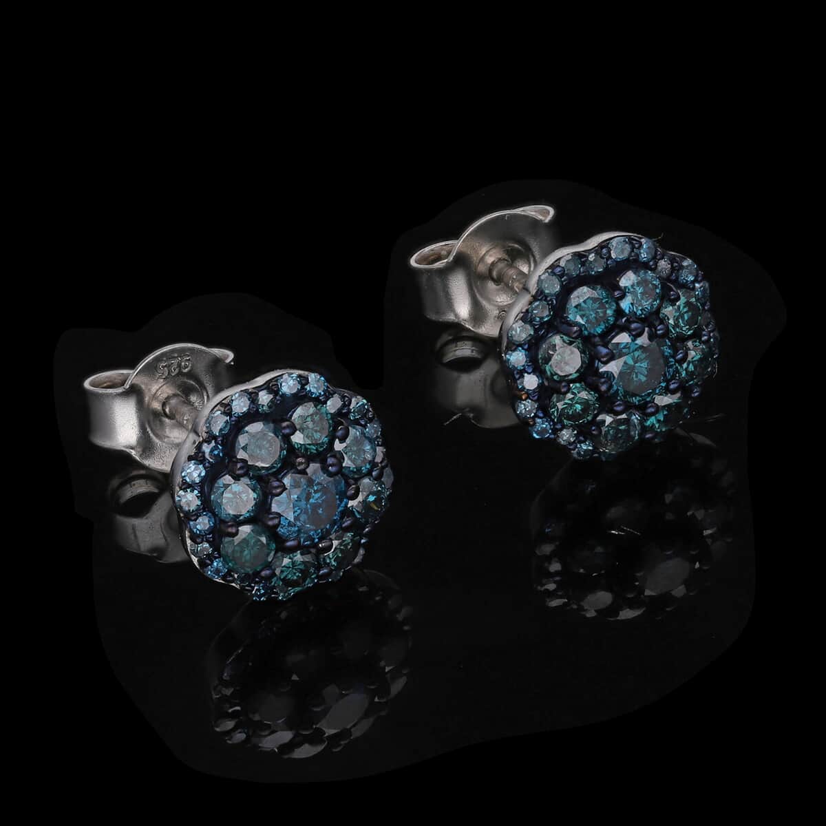 Blue Diamond Floral Stud Earrings in Platinum Over Sterling Silver 1.00 ctw image number 1
