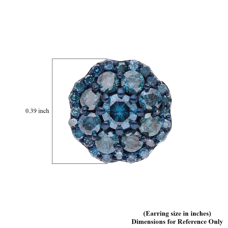 Blue Diamond Floral Stud Earrings in Platinum Over Sterling Silver 1.00 ctw