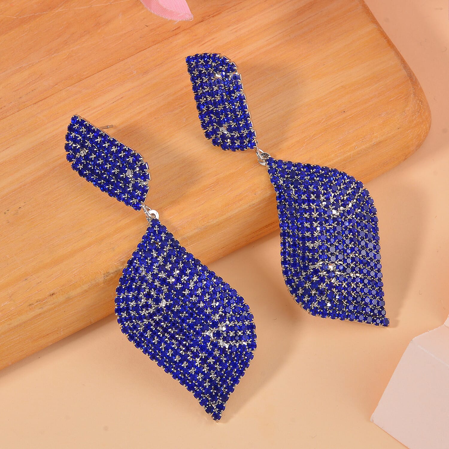 Blue Austrian Crystal Geometrical Earrings in Silvertone