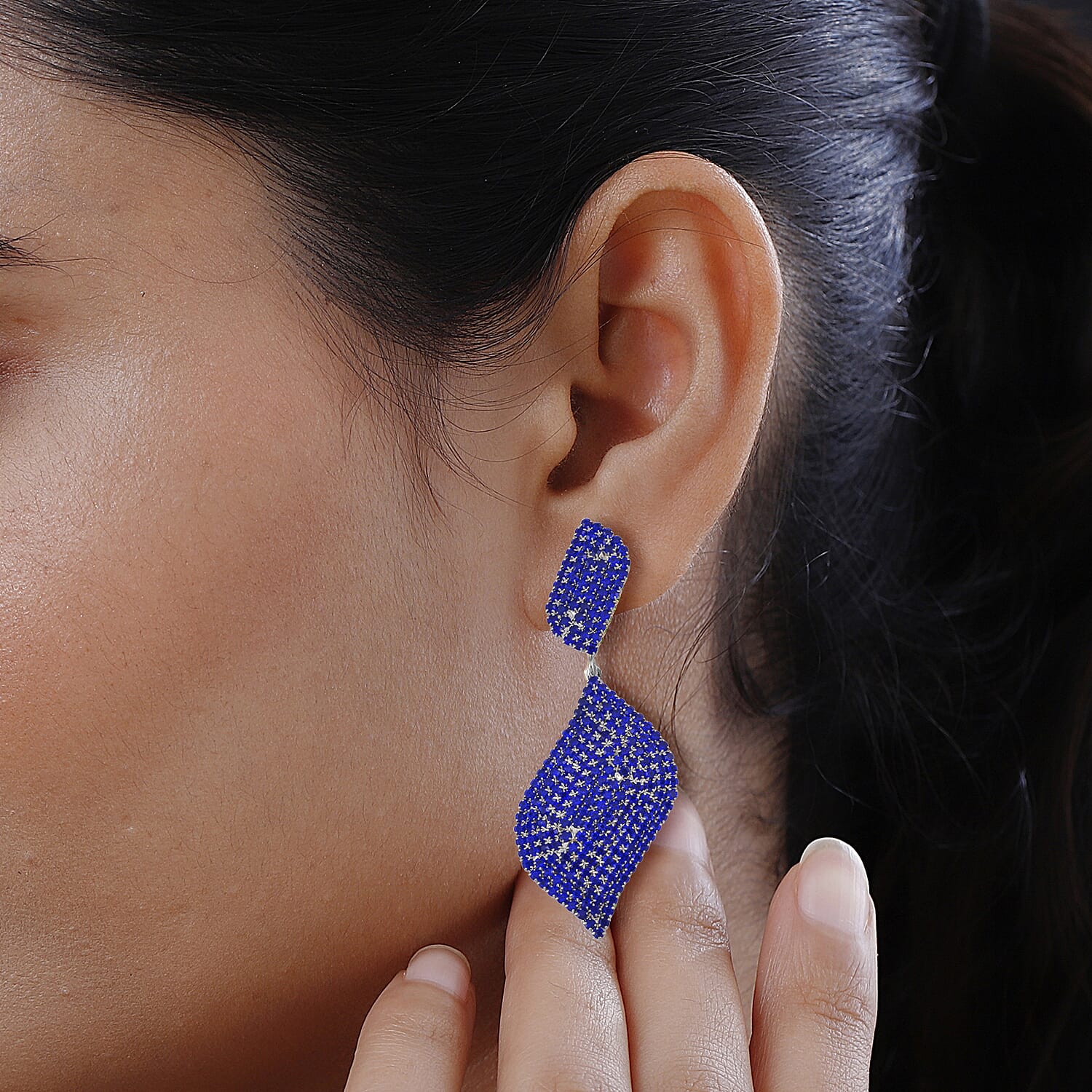 Blue Austrian Crystal Geometrical Earrings in Silvertone