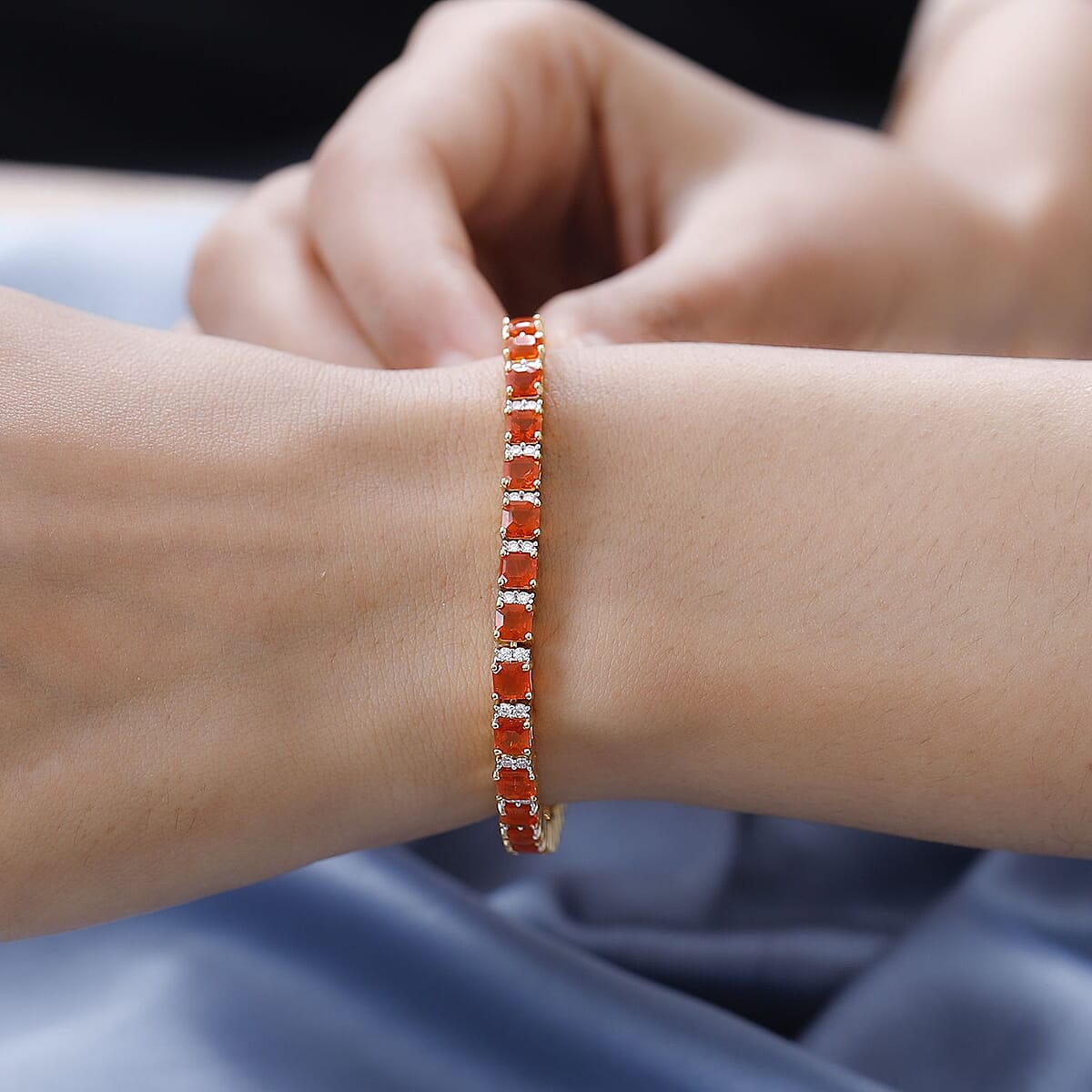 AAA Crimson Fire Opal and Moissanite Bracelet in Vermeil Yellow Gold Over Sterling Silver (6.50 In) 6.80 ctw image number 2