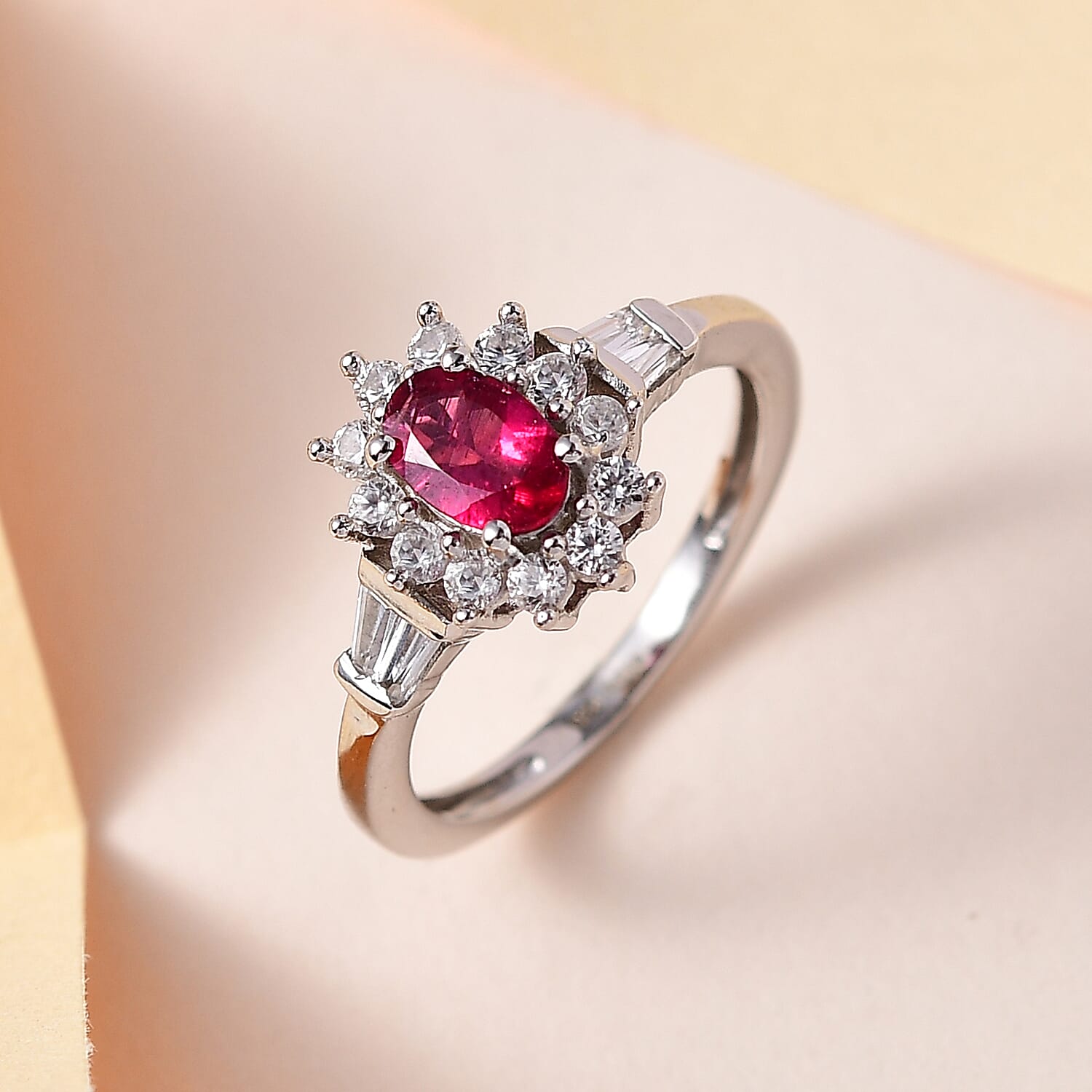 Premium Ouro Fino Rubellite and White Zircon Sunburst Ring in Platinum Over Sterling Silver (Size 10.0) 1.15 ctw