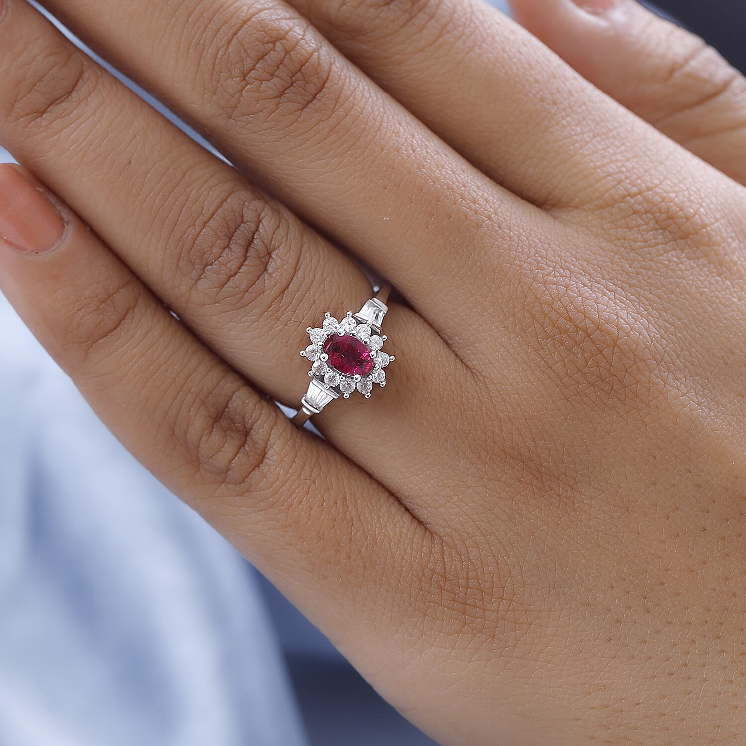 Premium Ouro Fino Rubellite and White Zircon Sunburst Ring in Platinum Over Sterling Silver (Size 10.0) 1.15 ctw