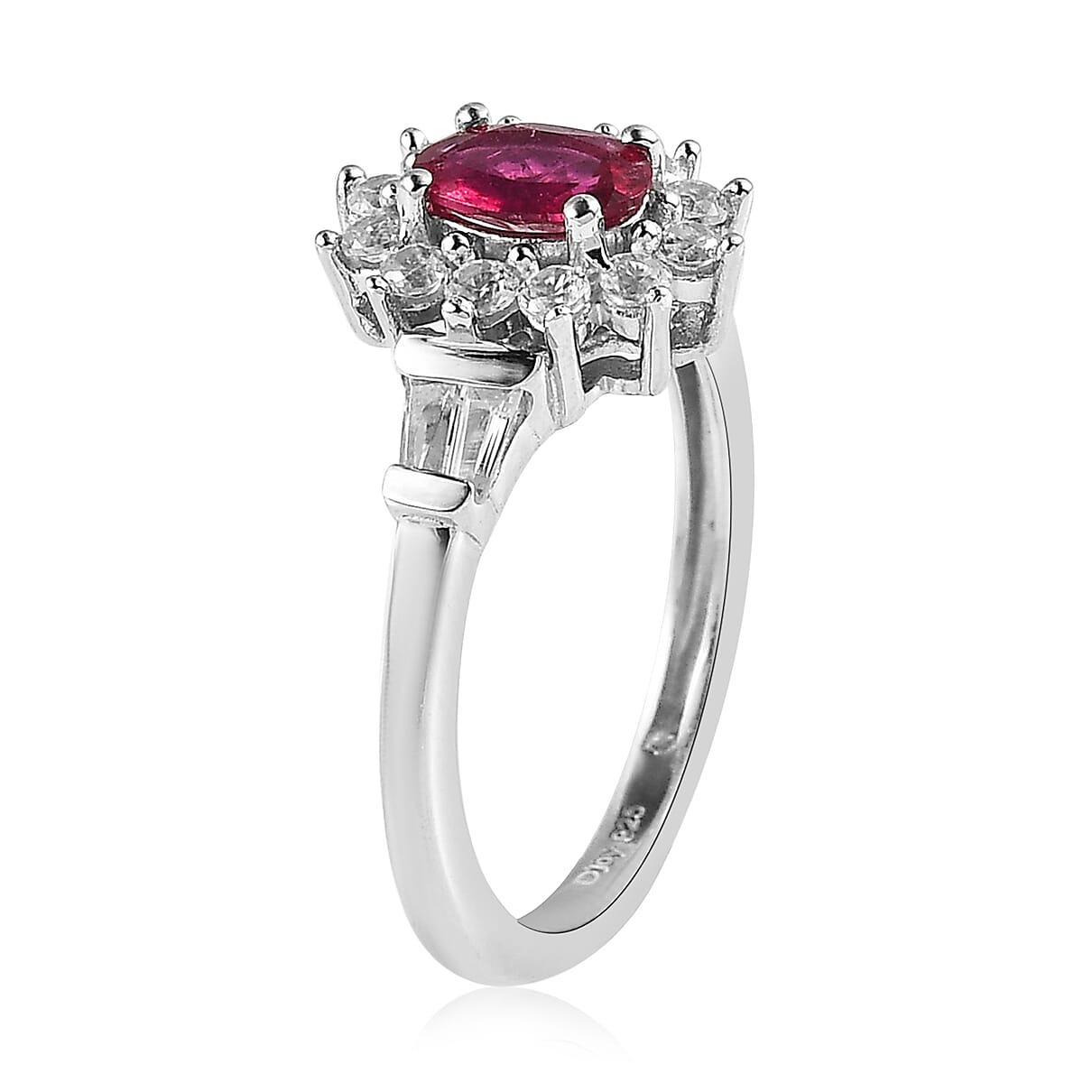 Premium Ouro Fino Rubellite and White Zircon Sunburst Ring in Platinum Over Sterling Silver (Size 10.0) 1.15 ctw