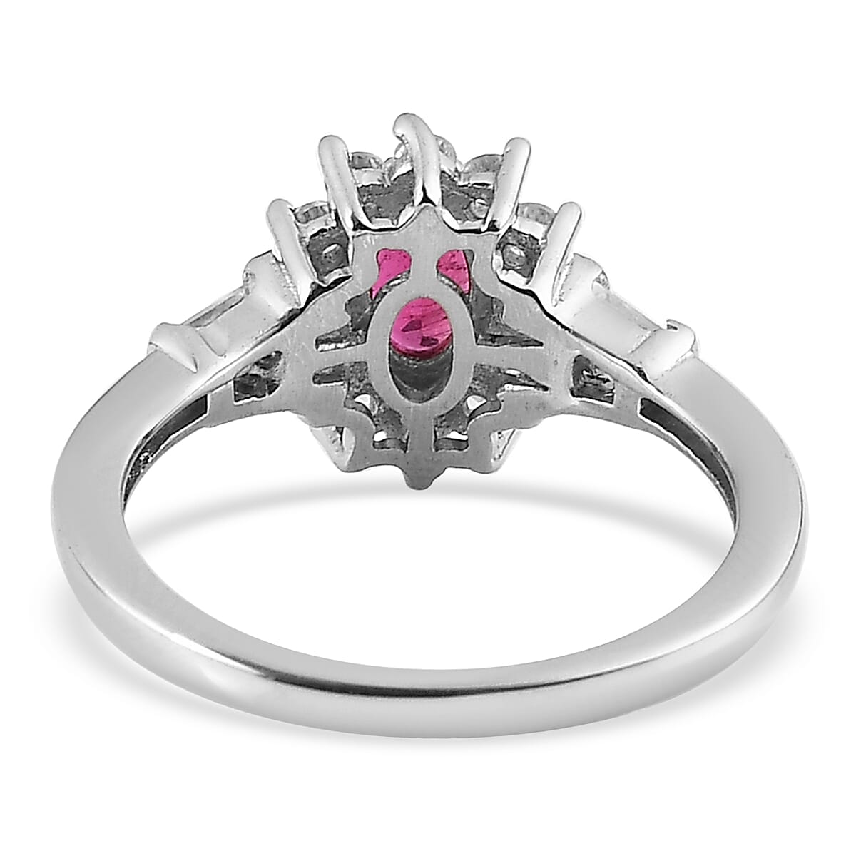 Premium Ouro Fino Rubellite and White Zircon Sunburst Ring in Platinum Over Sterling Silver (Size 10.0) 1.15 ctw