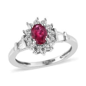 Premium Ouro Fino Rubellite and White Zircon Sunburst Ring in Platinum Over Sterling Silver 1.15 ctw