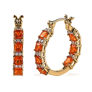 Mexican Fire Opal and Moissanite 3.50 ctw Hoop Earrings in Vermeil Yellow Gold Over Sterling Silver