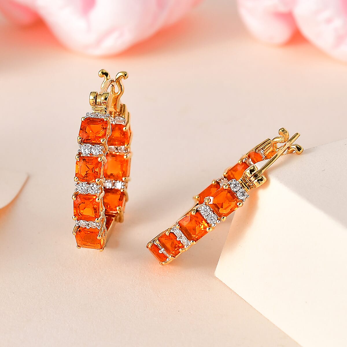 Mexican Fire Opal and Moissanite 3.50 ctw Hoop Earrings in Vermeil Yellow Gold Over Sterling Silver image number 1