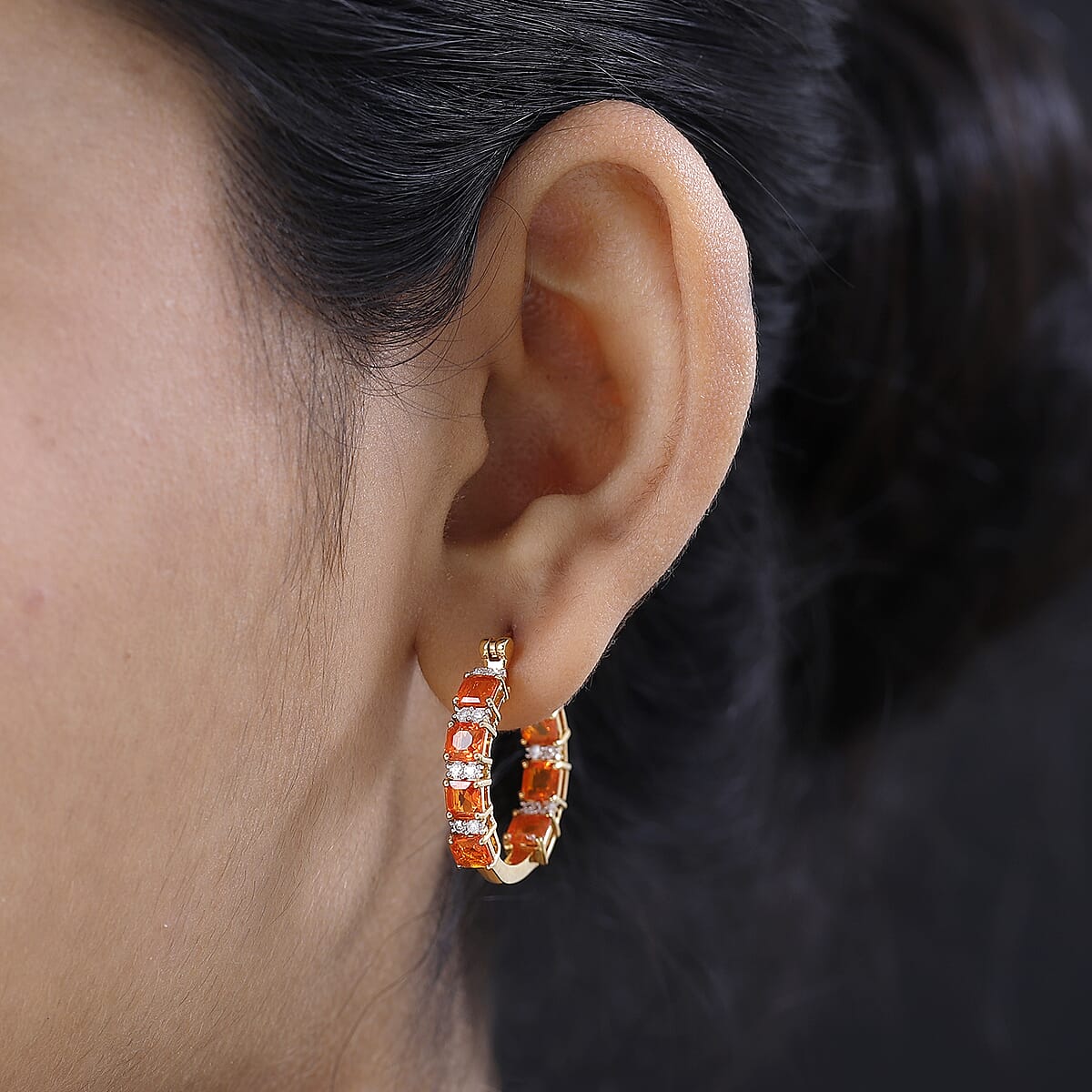 Mexican Fire Opal and Moissanite 3.50 ctw Hoop Earrings in Vermeil Yellow Gold Over Sterling Silver image number 2