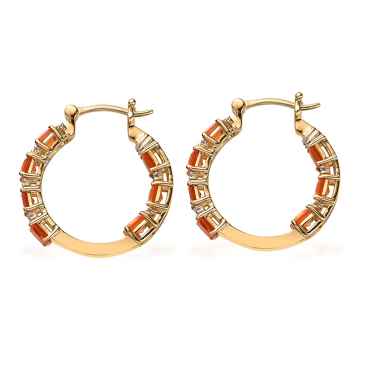 Mexican Fire Opal and Moissanite 3.50 ctw Hoop Earrings in Vermeil Yellow Gold Over Sterling Silver image number 3