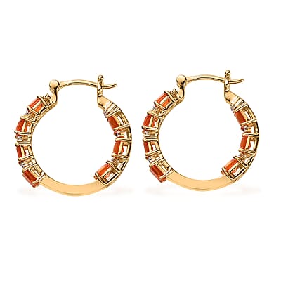 Mexican Fire Opal and Moissanite 3.50 ctw Hoop Earrings in Vermeil Yellow Gold Over Sterling Silver