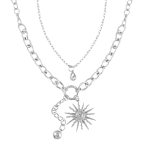 Austrian Crystal Cable Chain Necklace with Sunburst Charm 20-22 Inches in Silvertone