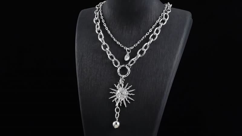 Austrian Crystal Cable Chain Necklace with Sunburst Charm 20-22 Inches in Silvertone