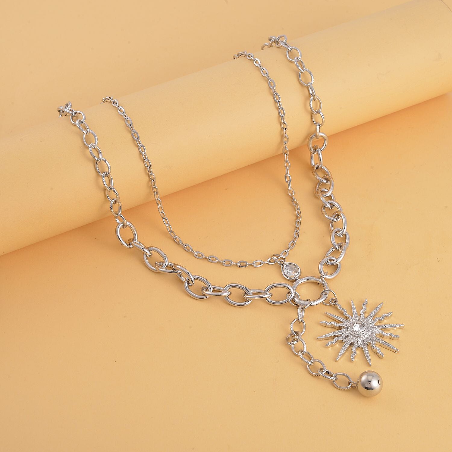 Austrian Crystal Cable Chain Necklace with Sunburst Charm in Silvertone 20-22 Inches