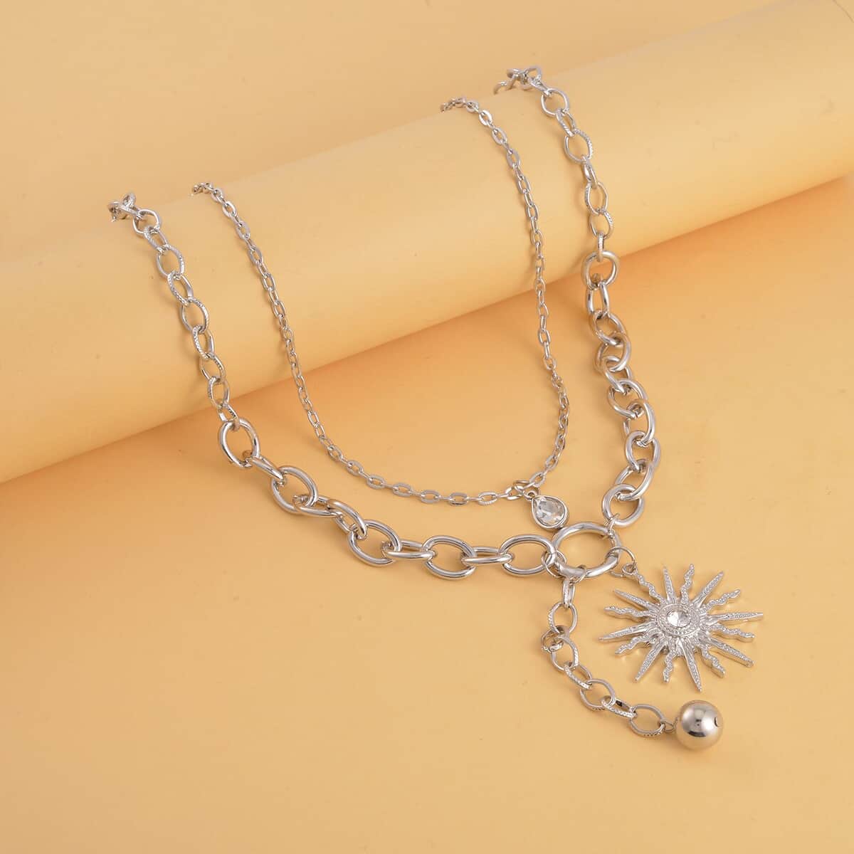 Austrian Crystal Cable Chain Necklace with Sunburst Charm 20-22 Inches in Silvertone image number 1