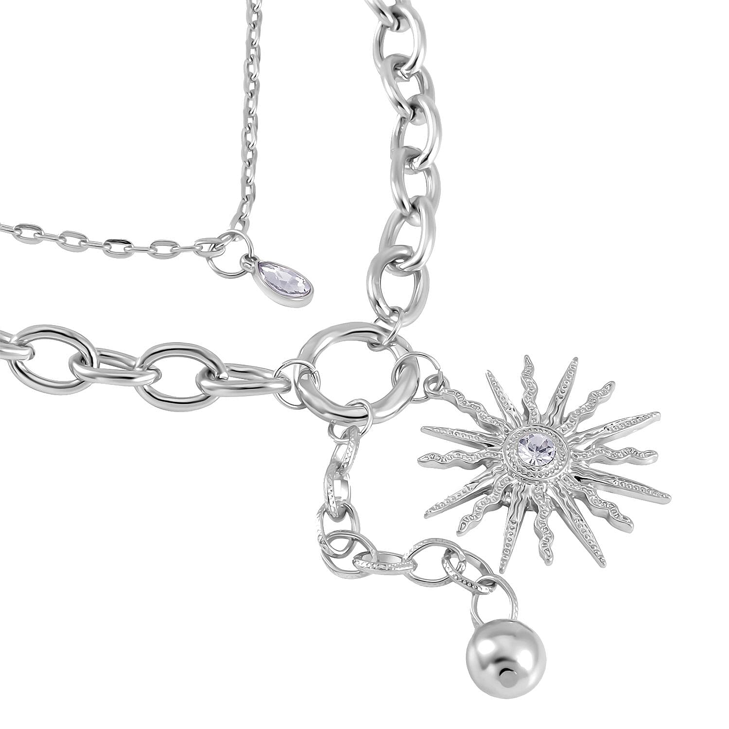 Austrian Crystal Cable Chain Necklace with Sunburst Charm in Silvertone 20-22 Inches