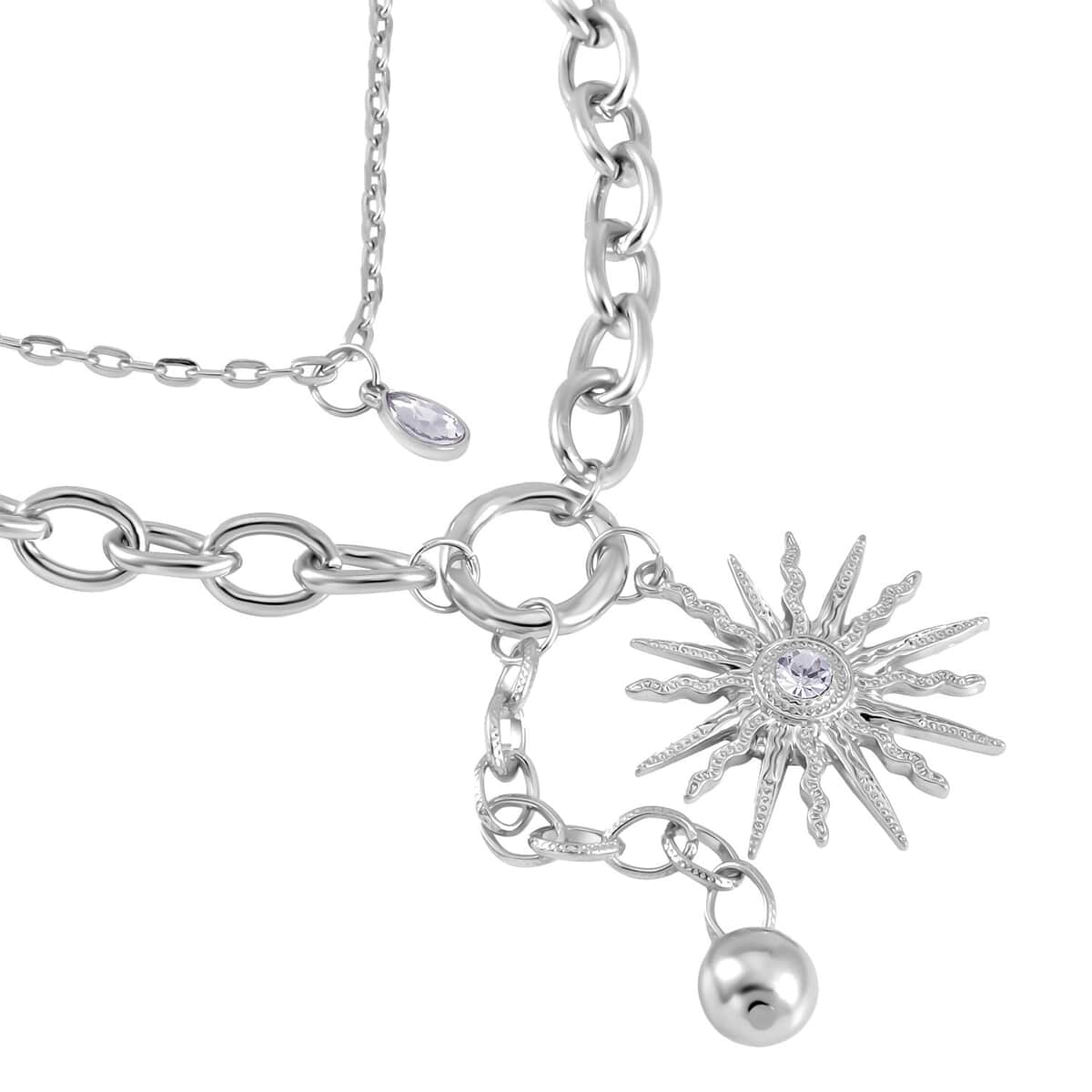 Austrian Crystal Cable Chain Necklace with Sunburst Charm 20-22 Inches in Silvertone image number 2