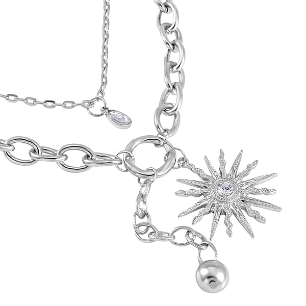 Austrian Crystal Cable Chain Necklace with Sunburst Charm in Silvertone 20-22 Inches