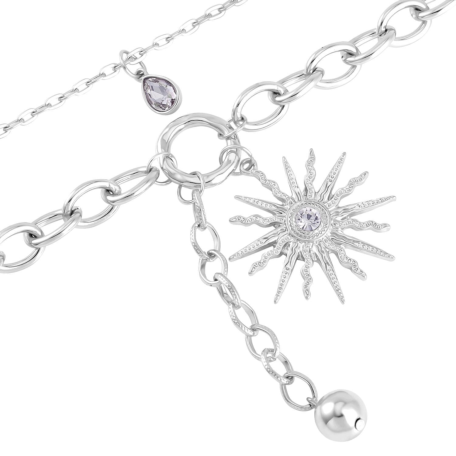 Austrian Crystal Cable Chain Necklace with Sunburst Charm in Silvertone 20-22 Inches