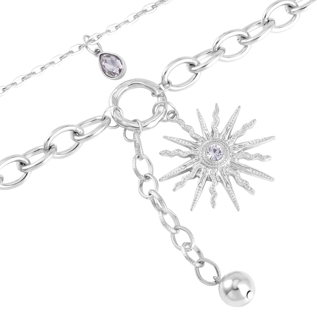 Austrian Crystal Cable Chain Necklace with Sunburst Charm 20-22 Inches in Silvertone image number 3