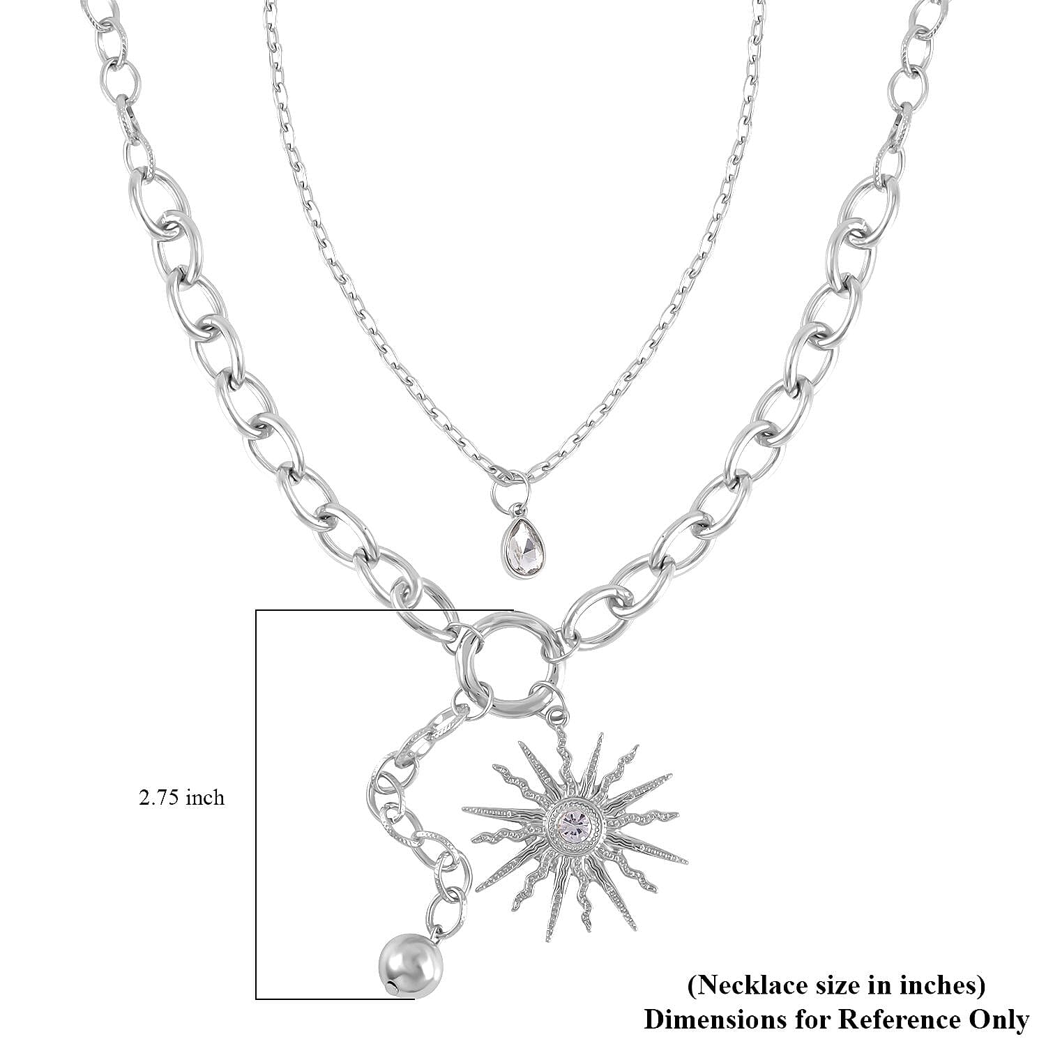 Austrian Crystal Cable Chain Necklace with Sunburst Charm in Silvertone 20-22 Inches