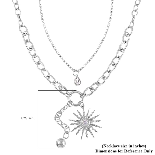 Austrian Crystal Cable Chain Necklace with Sunburst Charm in Silvertone 20-22 Inches