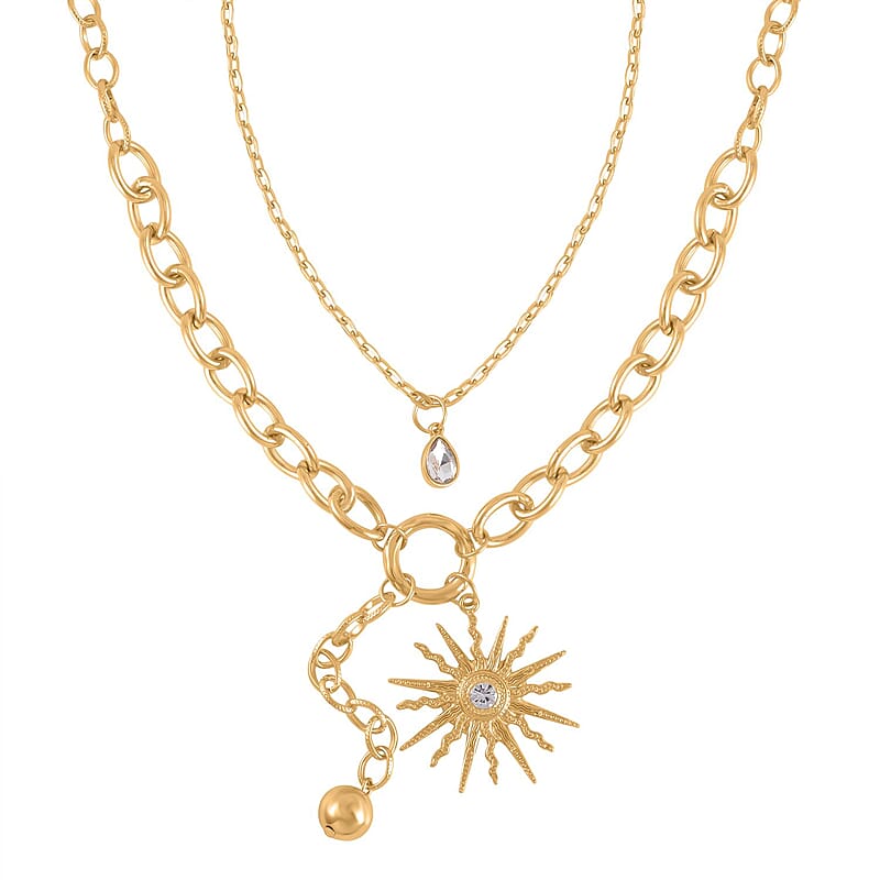 Austrian Crystal Cable Chain Necklace with Sunburst Charm in Goldtone 20-22 Inches