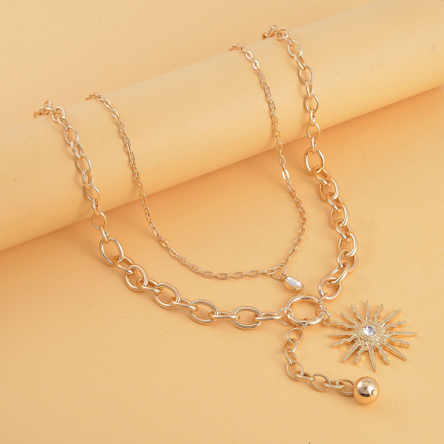Austrian Crystal Cable Chain Necklace with Sunburst Charm in Goldtone 20-22 Inches