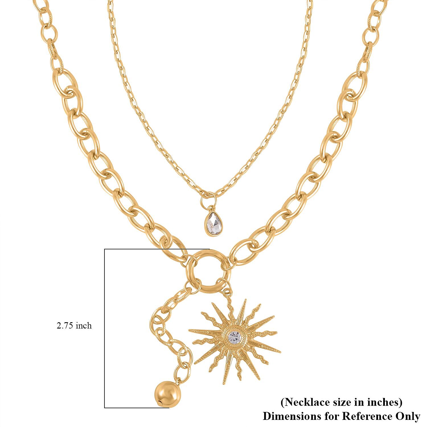 Austrian Crystal Cable Chain Necklace with Sunburst Charm in Goldtone 20-22 Inches