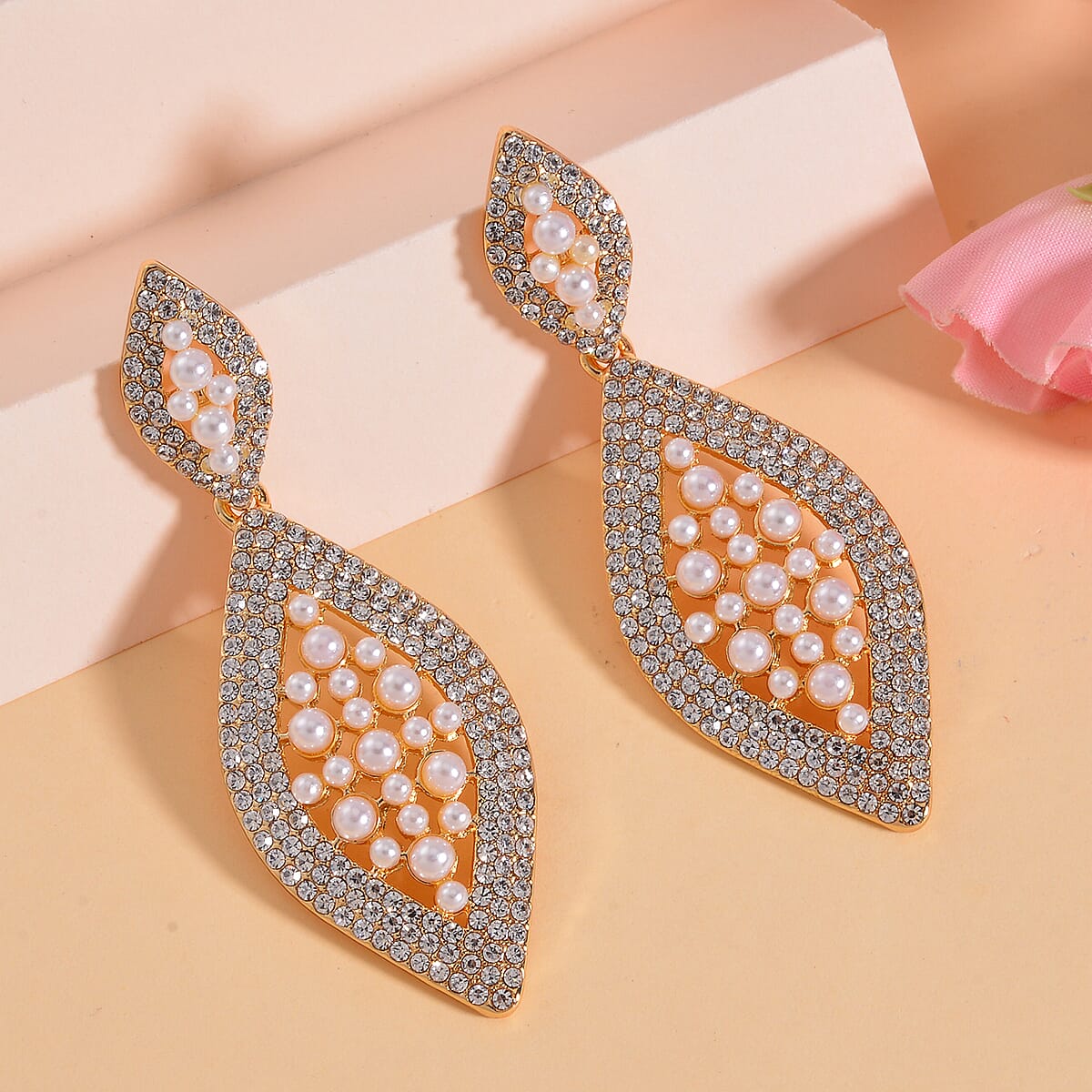 Simulated Pearl and Austrian Crystal Earrings in Goldtone image number 1