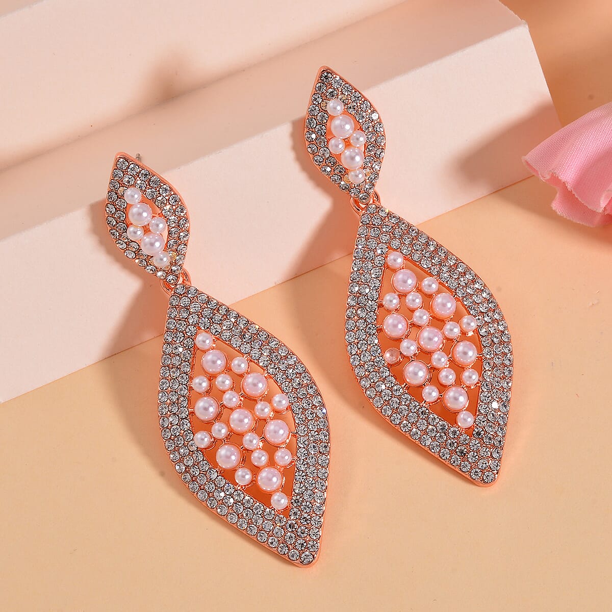 Simulated Pearl and Austrian Crystal Earrings in Rosetone image number 1