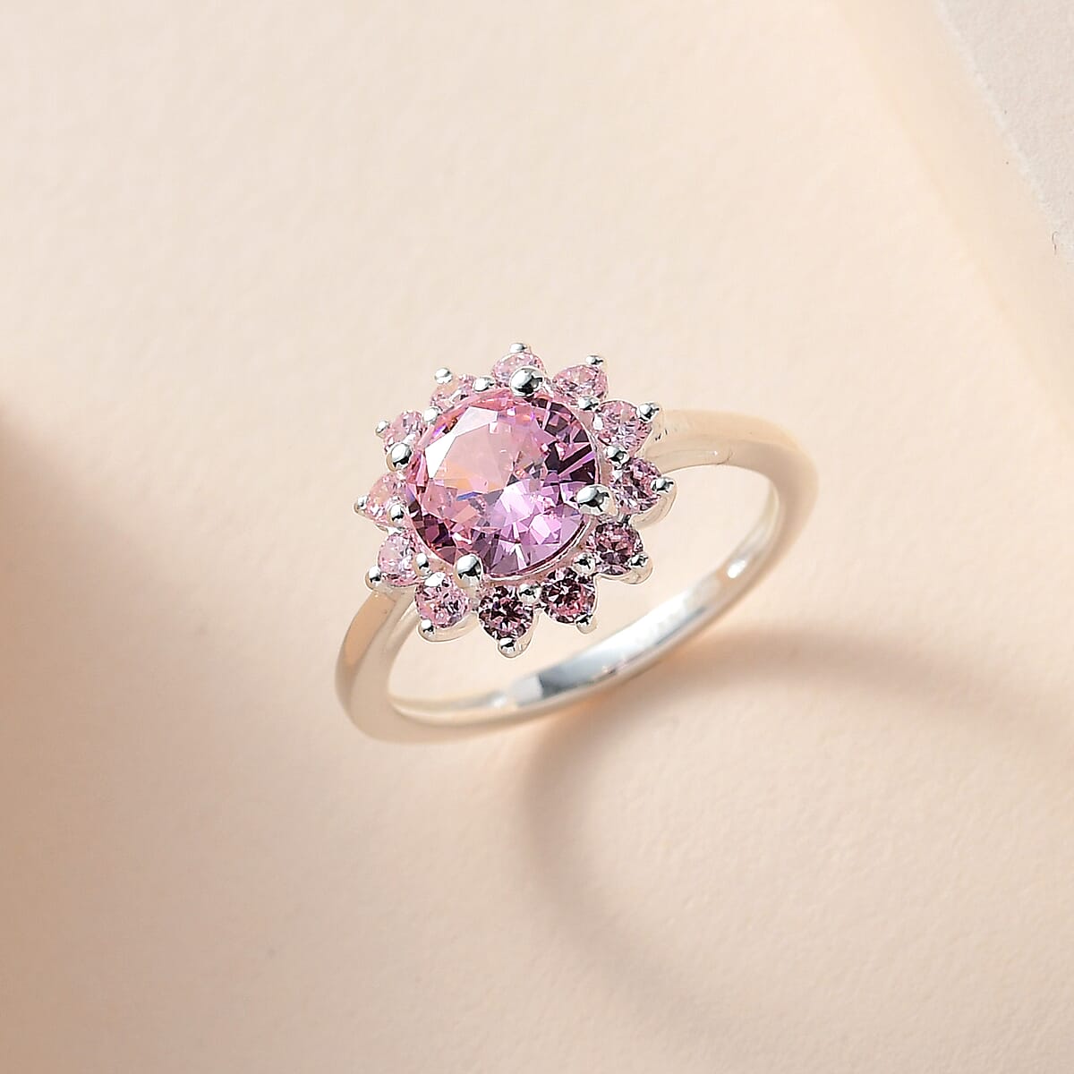 Simulated Pink Diamond Sunburst Ring in Sterling Silver (Size 7.0) 2.85 ctw image number 1