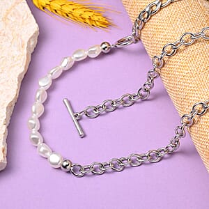 Simulated Pearl Link Chain Necklace 20 Inches Silvertone