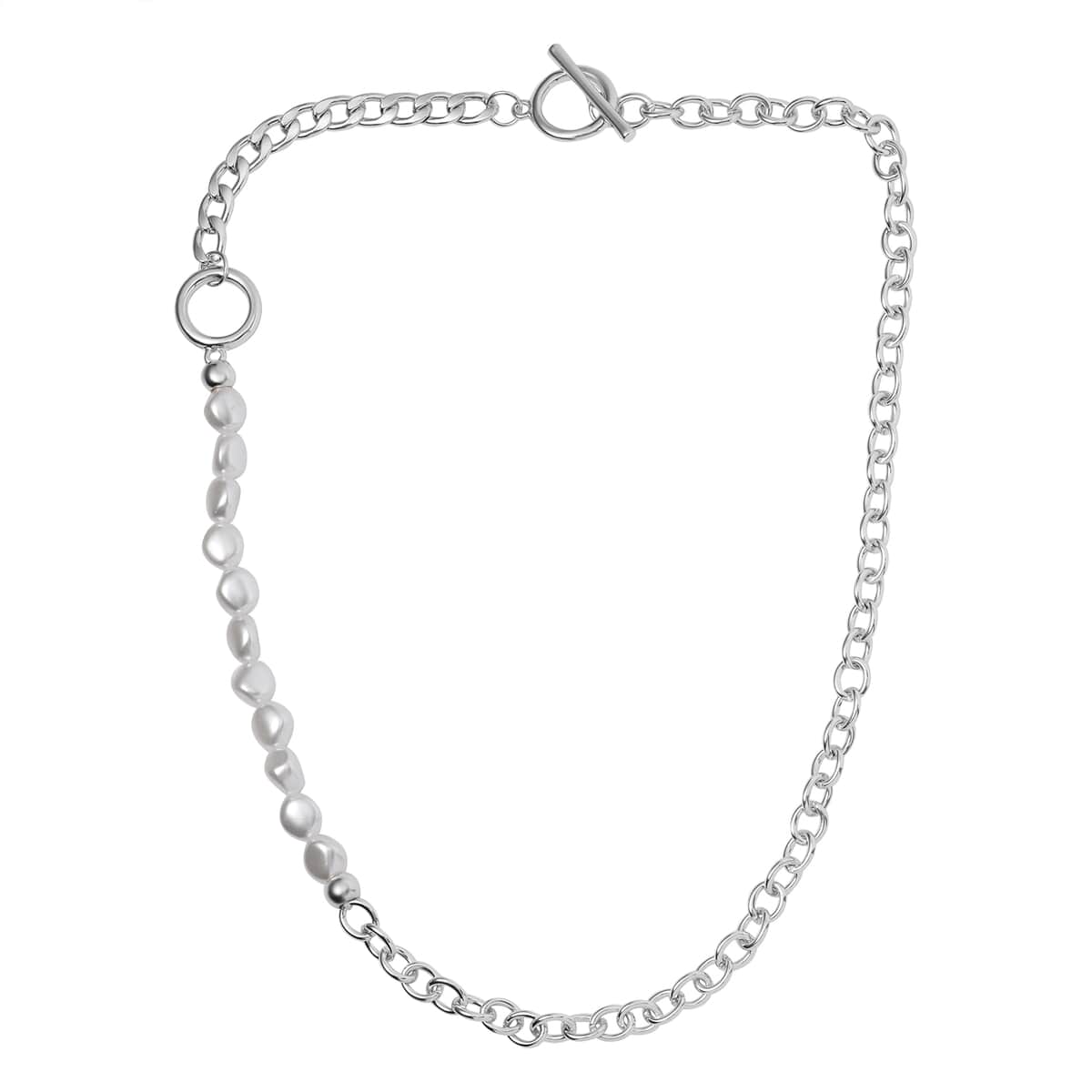 Simulated Pearl Link Chain Necklace 20 Inches Silvertone image number 2