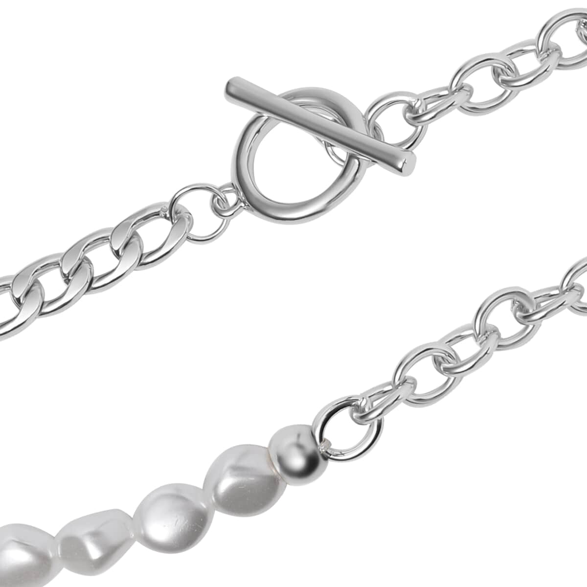 Simulated Pearl Link Chain Necklace 20 Inches Silvertone image number 3