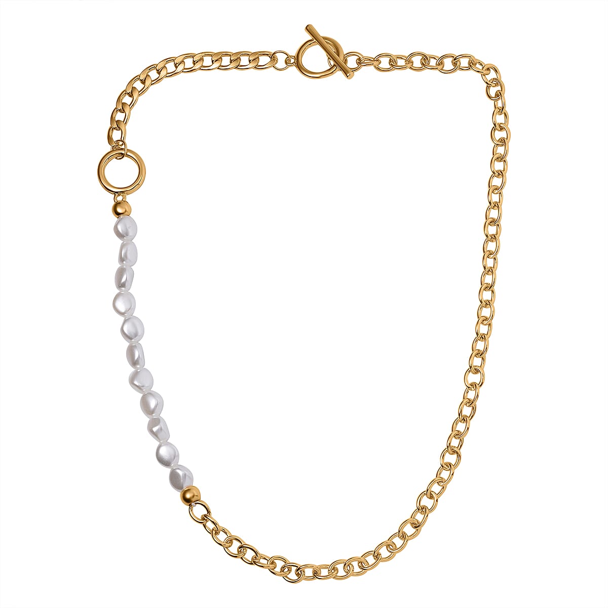 Simulated Pearl Link Chain Necklace 20 Inches in Goldtone image number 2