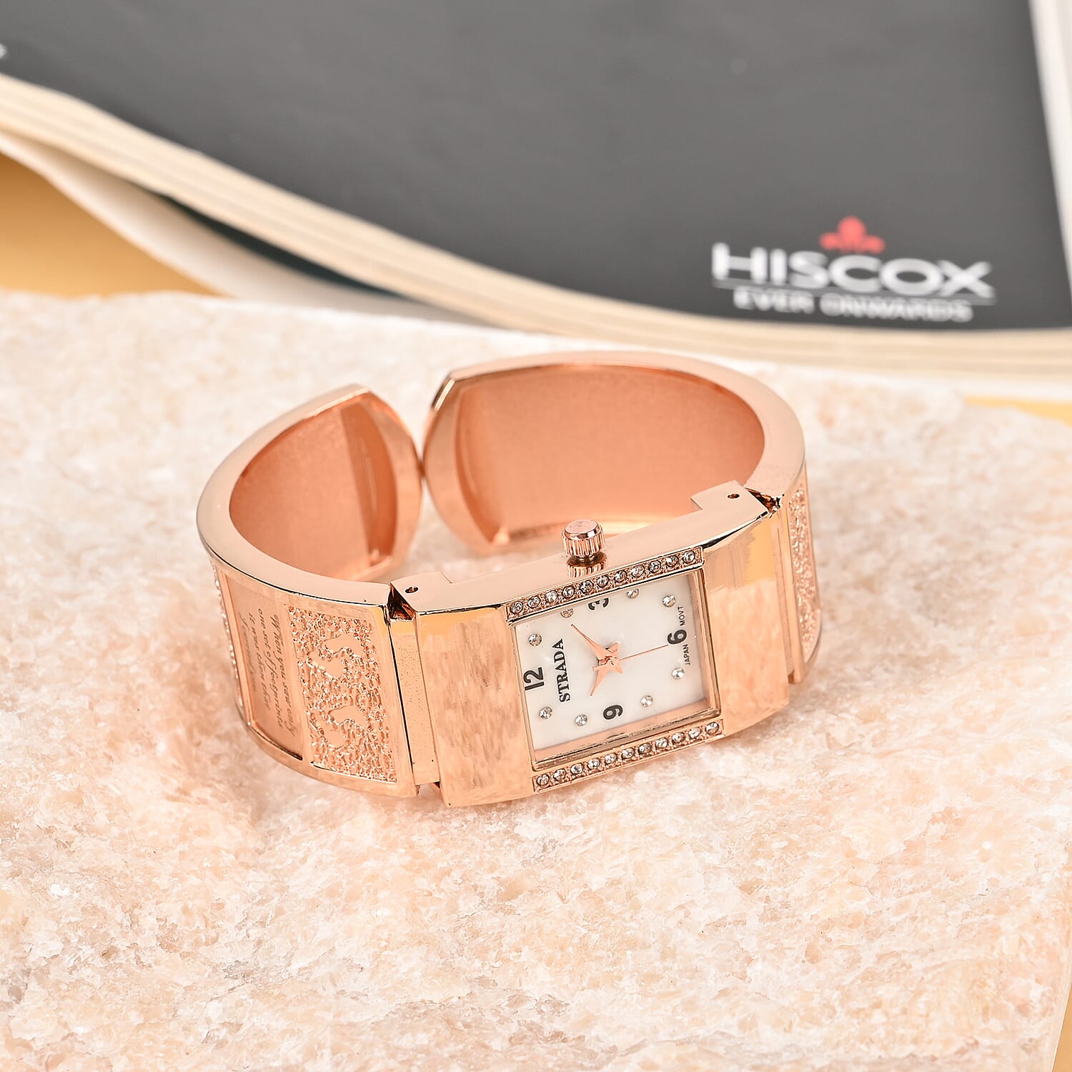 Strada Austrian Crystal Japanese Movement Footprint Pattern Bangle Watch in Rosetone (6.50 In)