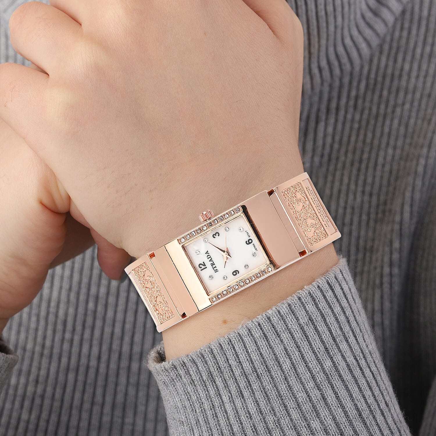 Strada Austrian Crystal Japanese Movement Footprint Pattern Bangle Watch in Rosetone (6.50 In)