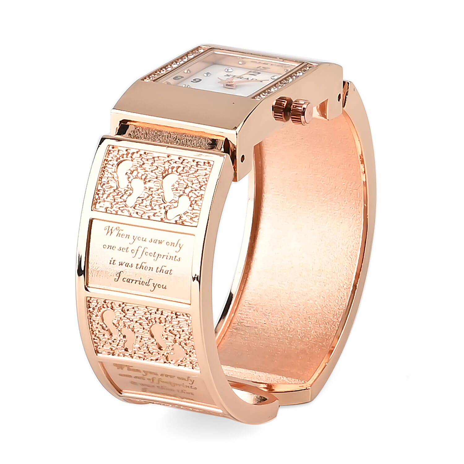 Strada Austrian Crystal Japanese Movement Footprint Pattern Bangle Watch in Rosetone (6.50 In)