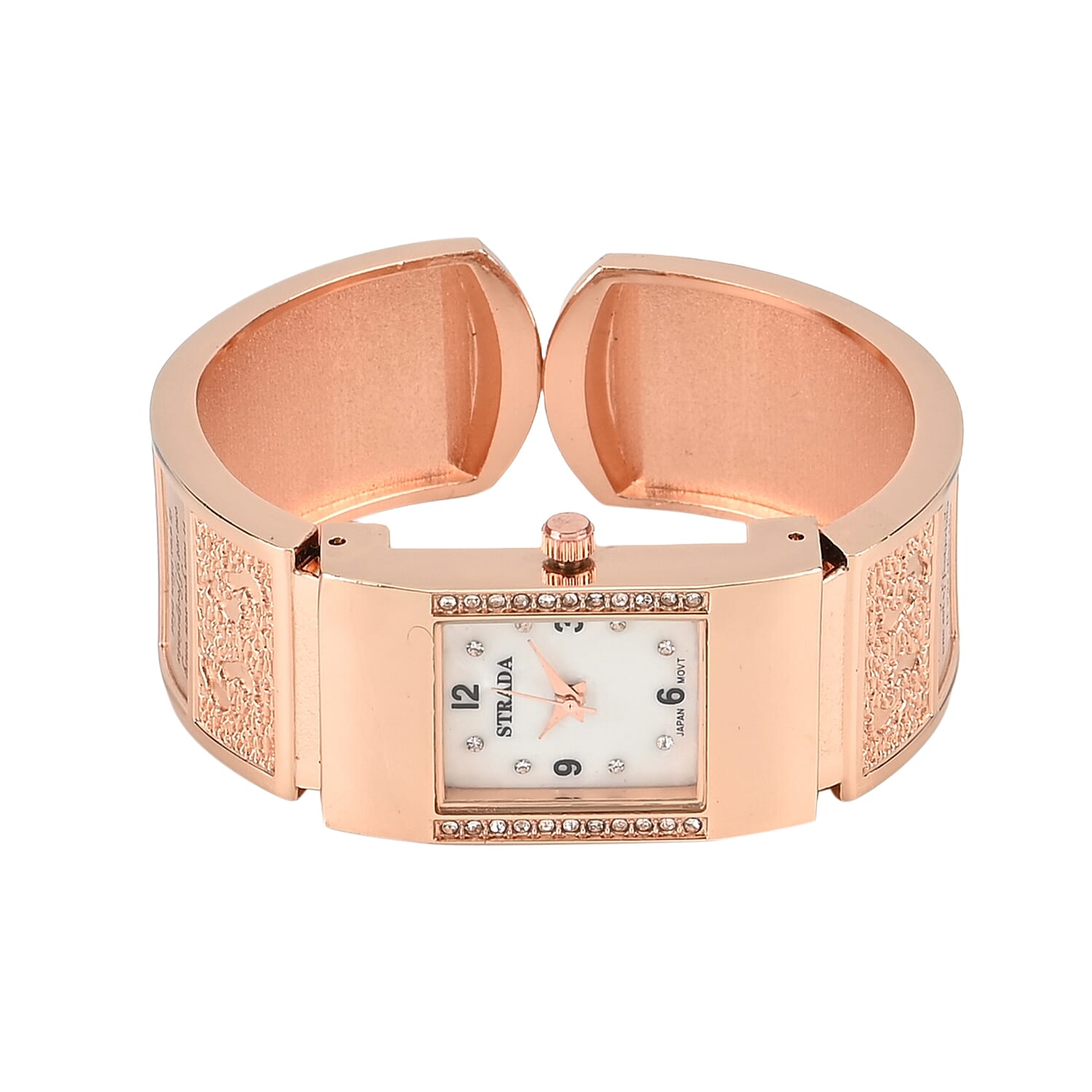 Strada Austrian Crystal Japanese Movement Footprint Pattern Bangle Watch in Rosetone (6.50 In)