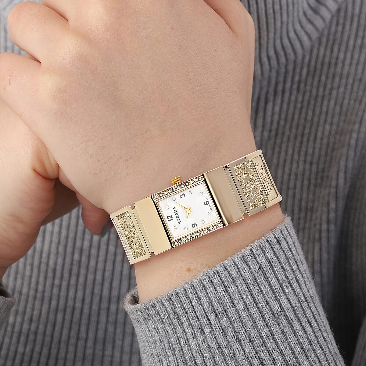 Strada Austrian Crystal Japanese Movement Footprint Pattern Bangle Watch in Goldtone (6.50 In) image number 2