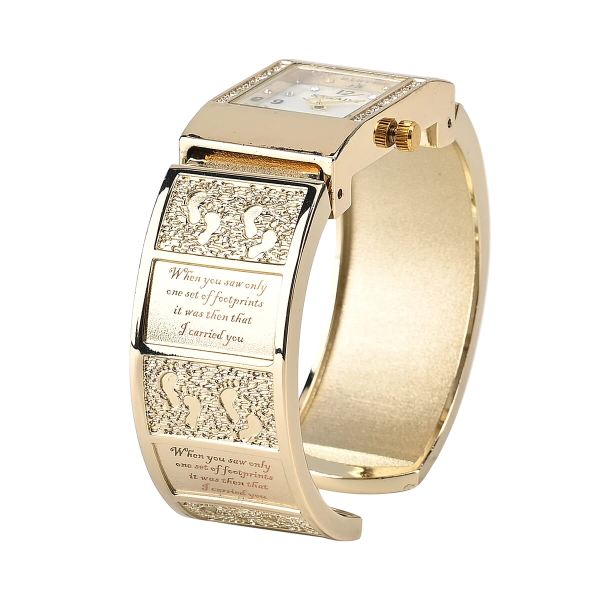 Strada Austrian Crystal Japanese Movement Footprint Pattern Bangle Watch in Goldtone (6.50 In) image number 3