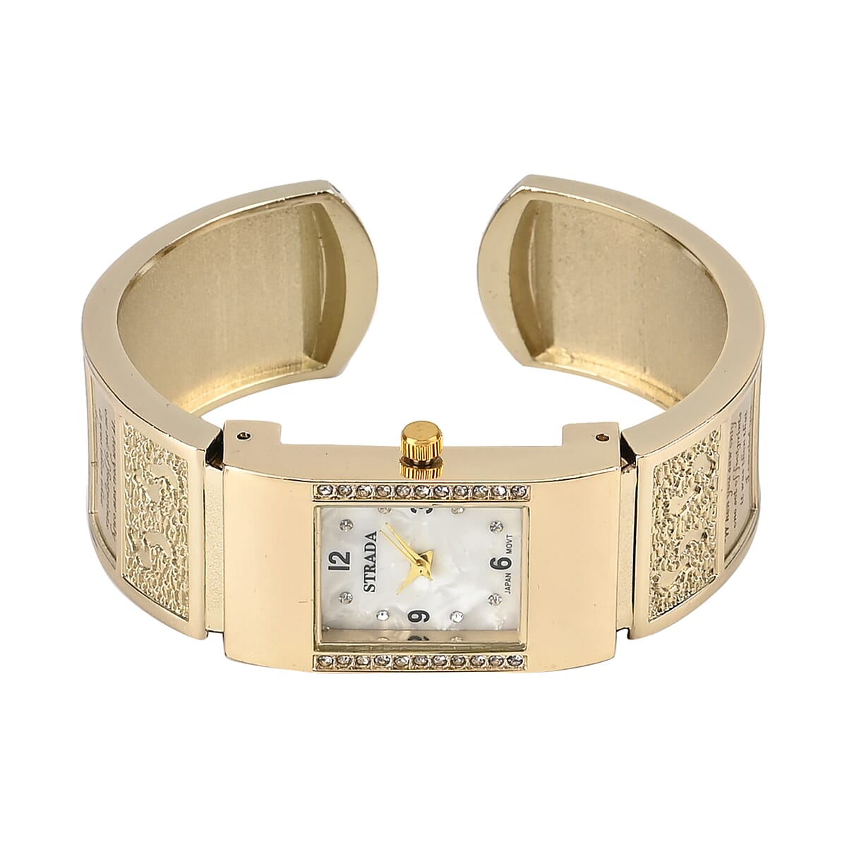 Strada Austrian Crystal Japanese Movement Footprint Pattern Bangle Watch in Goldtone (6.50 In) image number 4