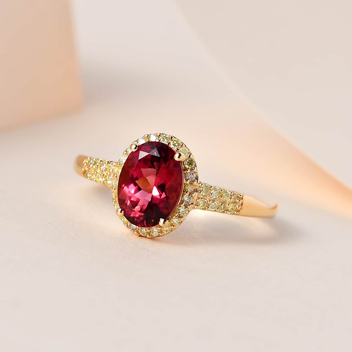 Iliana 18K Yellow Gold AAA Ouro Fino Rubellite and SI Natural Yellow Diamond Halo Ring 1.55 ctw image number 1