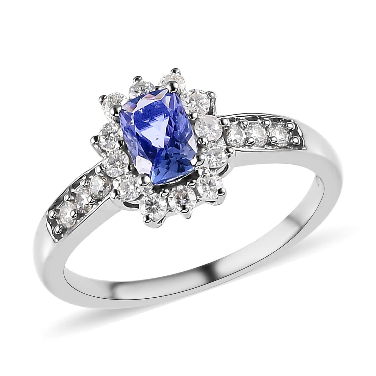 Tanzanite and Moissanite Sunburst Ring in Platinum Over Sterling Silver (Size 5.0) 0.90 ctw image number 0