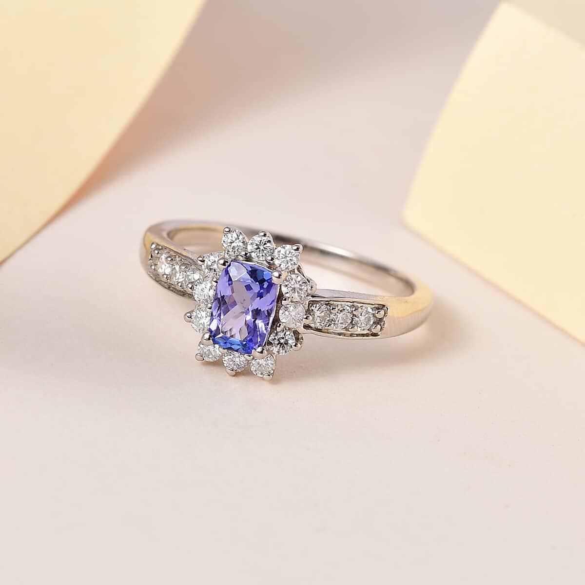 Tanzanite and Moissanite Sunburst Ring in Platinum Over Sterling Silver (Size 5.0) 0.90 ctw image number 1