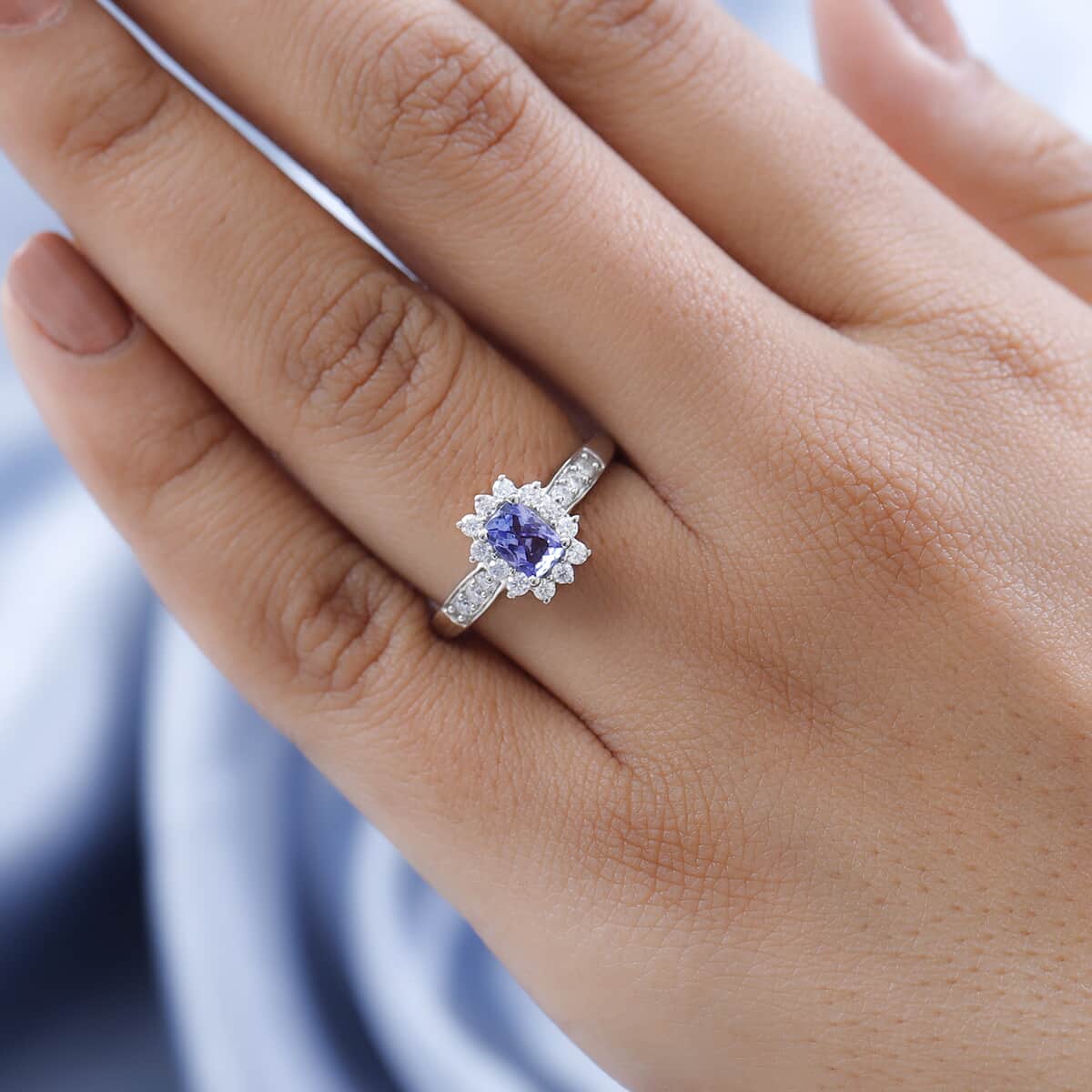 Tanzanite and Moissanite Sunburst Ring in Platinum Over Sterling Silver (Size 5.0) 0.90 ctw image number 2